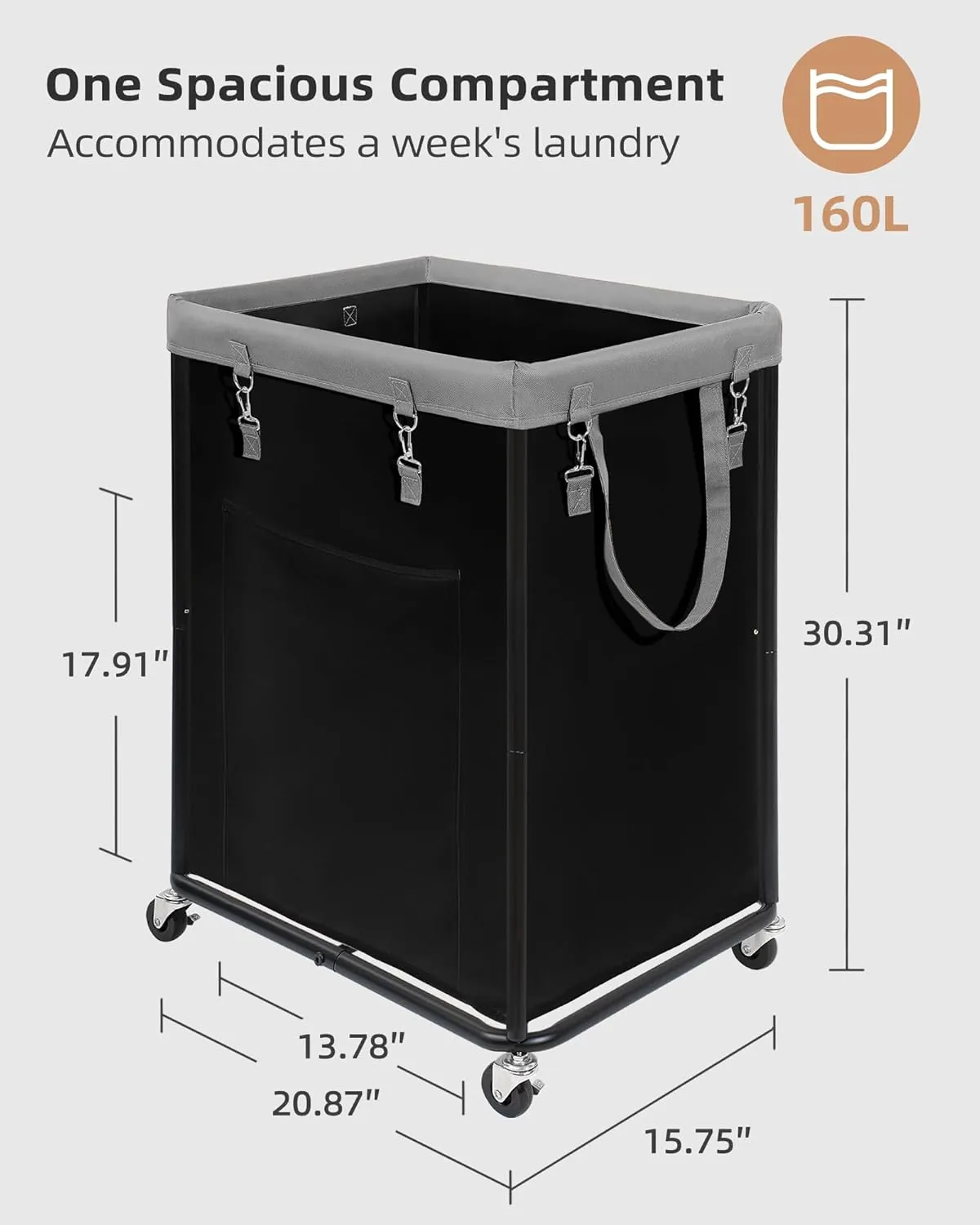 STORAGE MANIAC Large Laundry Basket with Wheels 160L Rolling Laundry Hamper Laundry Cart with Metal Frame and Removable Bag, Clothes Hamper for Bedroom, Bathroom, Dorm Room, Laundry Room, Black