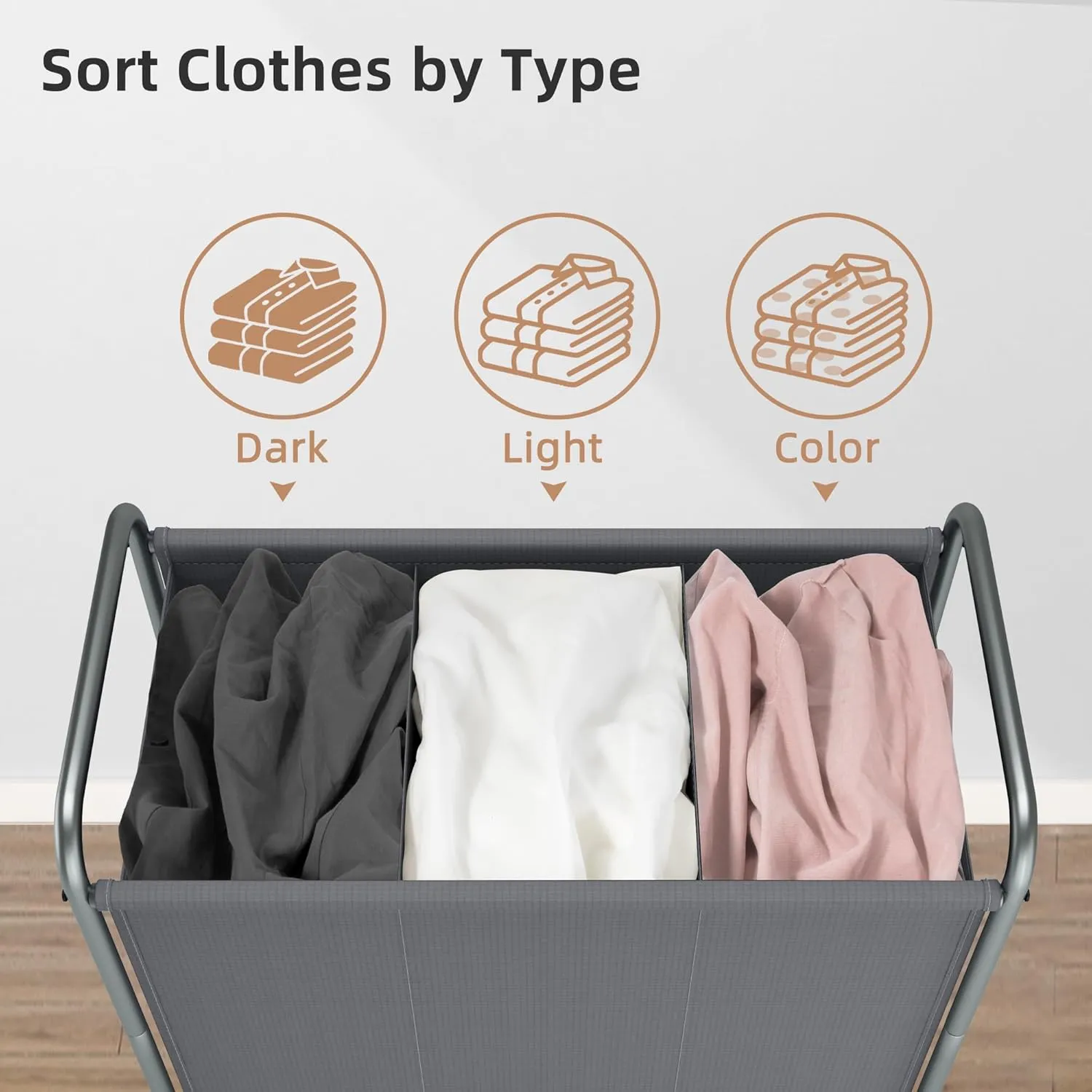 STORAGE MANIAC Laundry Hamper, 165L Rolling Laundry Sorter Cart, Lockable Wheels, 3 Section Gray