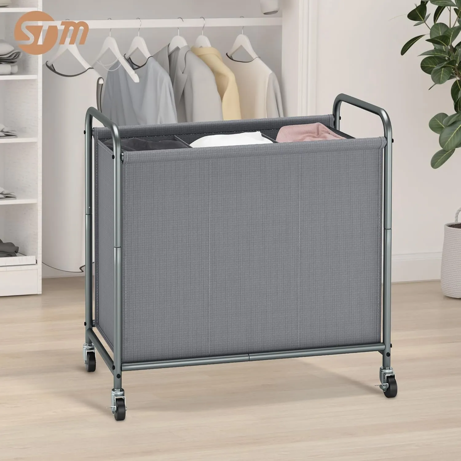 STORAGE MANIAC Laundry Hamper, 165L Rolling Laundry Sorter Cart, Lockable Wheels, 3 Section Gray