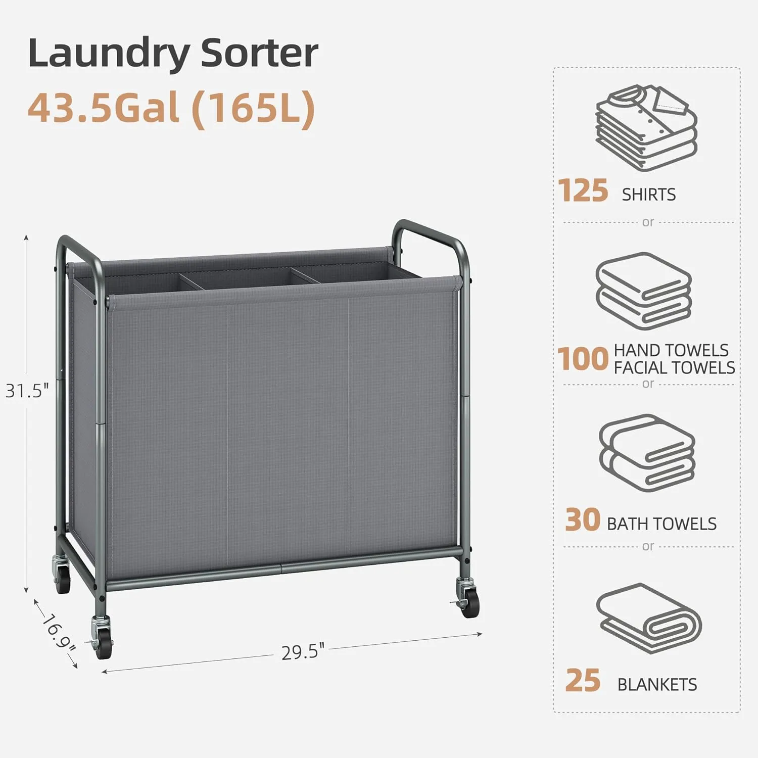 STORAGE MANIAC Laundry Hamper, 165L Rolling Laundry Sorter Cart, Lockable Wheels, 3 Section Gray