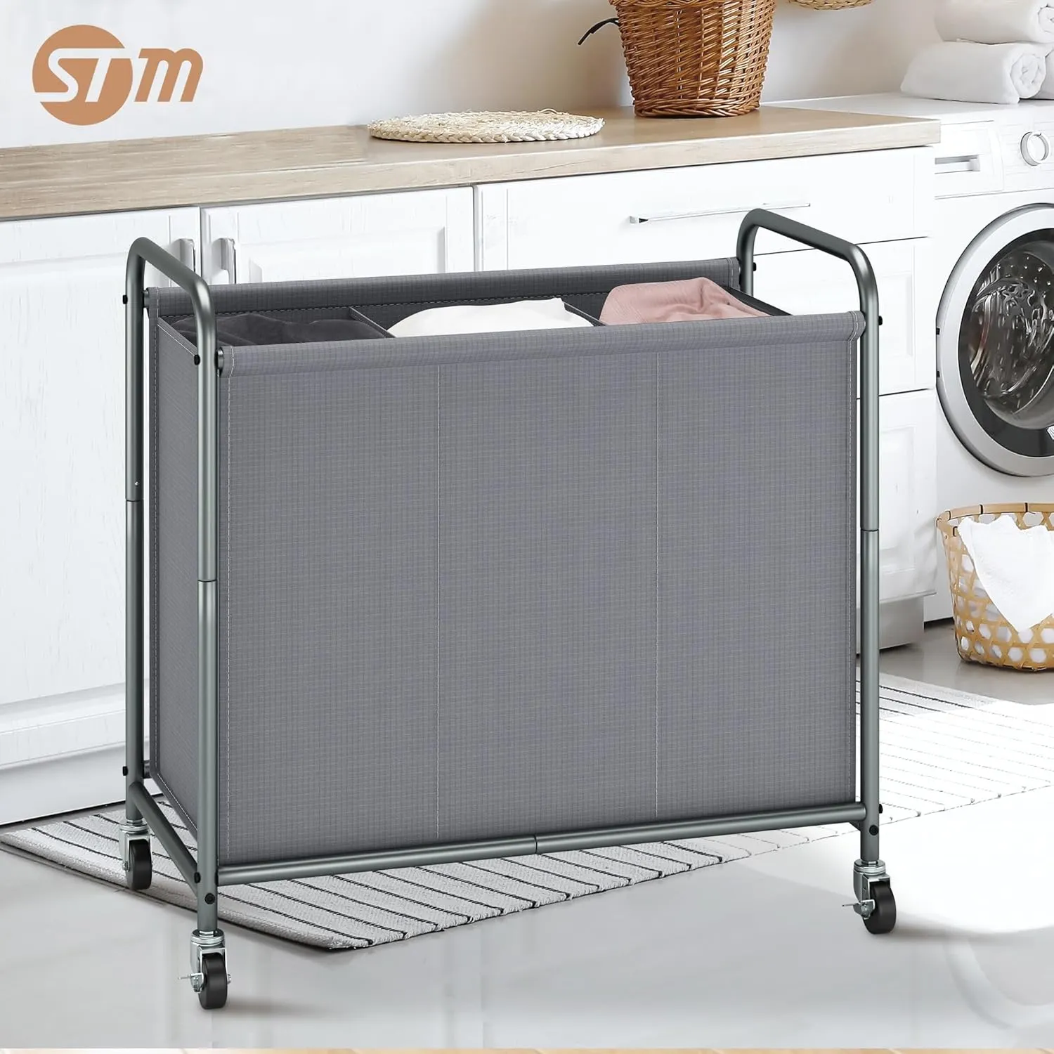 STORAGE MANIAC Laundry Hamper, 165L Rolling Laundry Sorter Cart, Lockable Wheels, 3 Section Gray