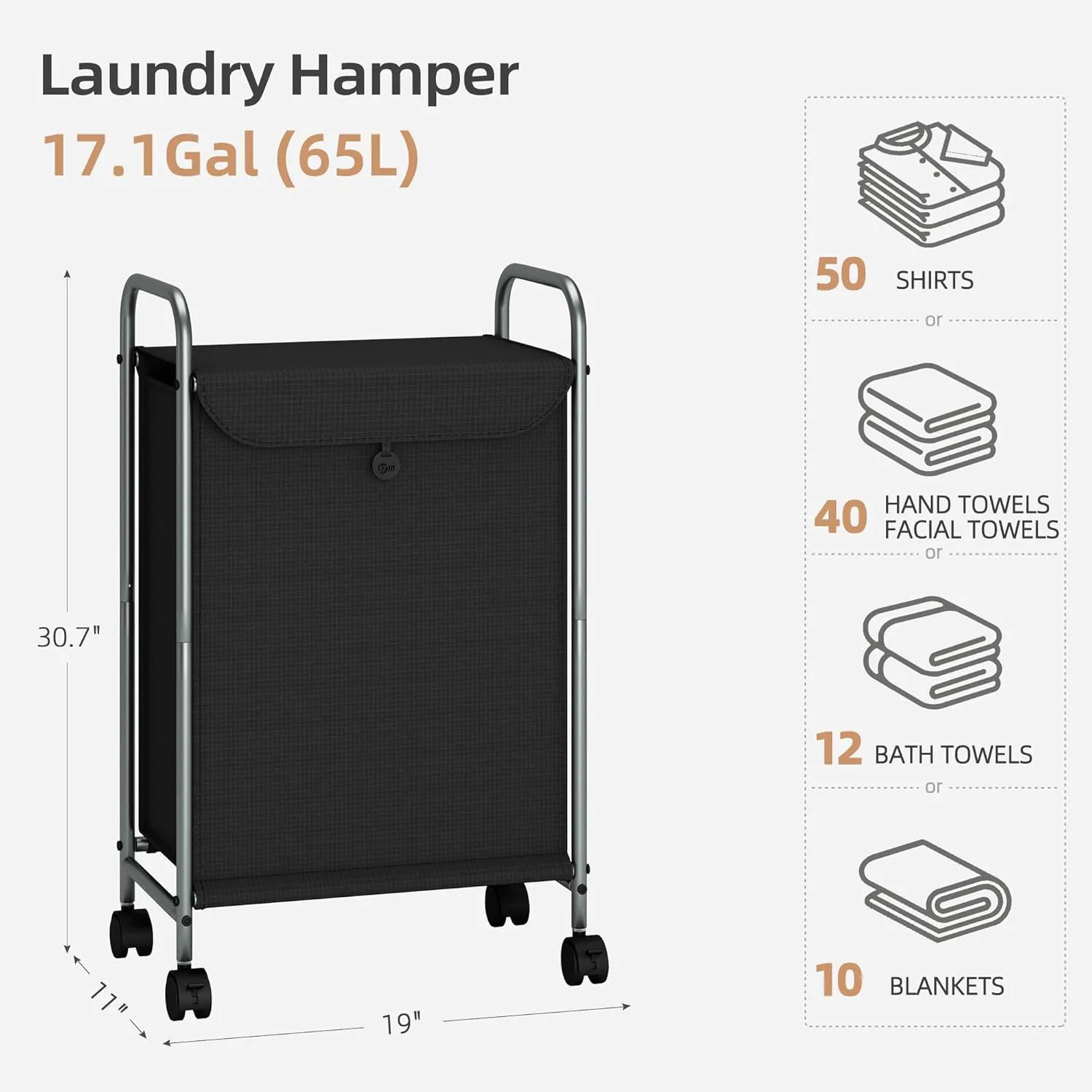 STORAGE MANIAC Rolling Laundry Hamper, Laundry Basket with Lockable Wheels, Double Clothes Sorter Cart, Small Clothes Separator Hamper for Closet, Bathroom, Laundrys Room, 1 Section Black