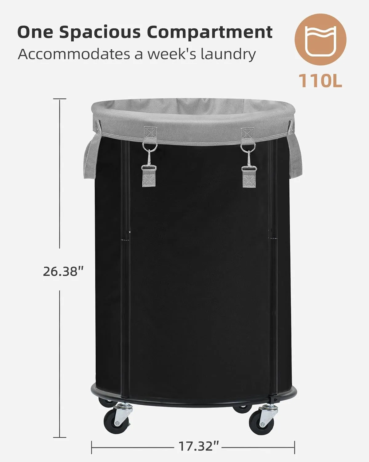 STORAGE MANIAC Rolling Laundry Hamper with Wheels 110L Laundry Basket, Round Laundry Cart with Metal Frame and Removable Bag, Clothes Hamper for Bedroom, Bathroom, Dorm Room, Laundry Room, Black