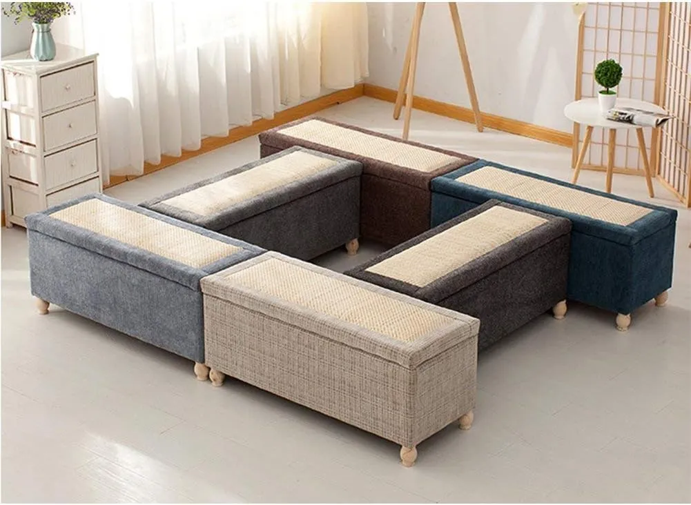 Storage Ottoman Bench,Linen Upholstered Footstool Sofa Stool Storage Box Rattan Weaving lid Entrance Shoe Changing Bench-Grey 40x16x17in (Coffee 24x16x17in)