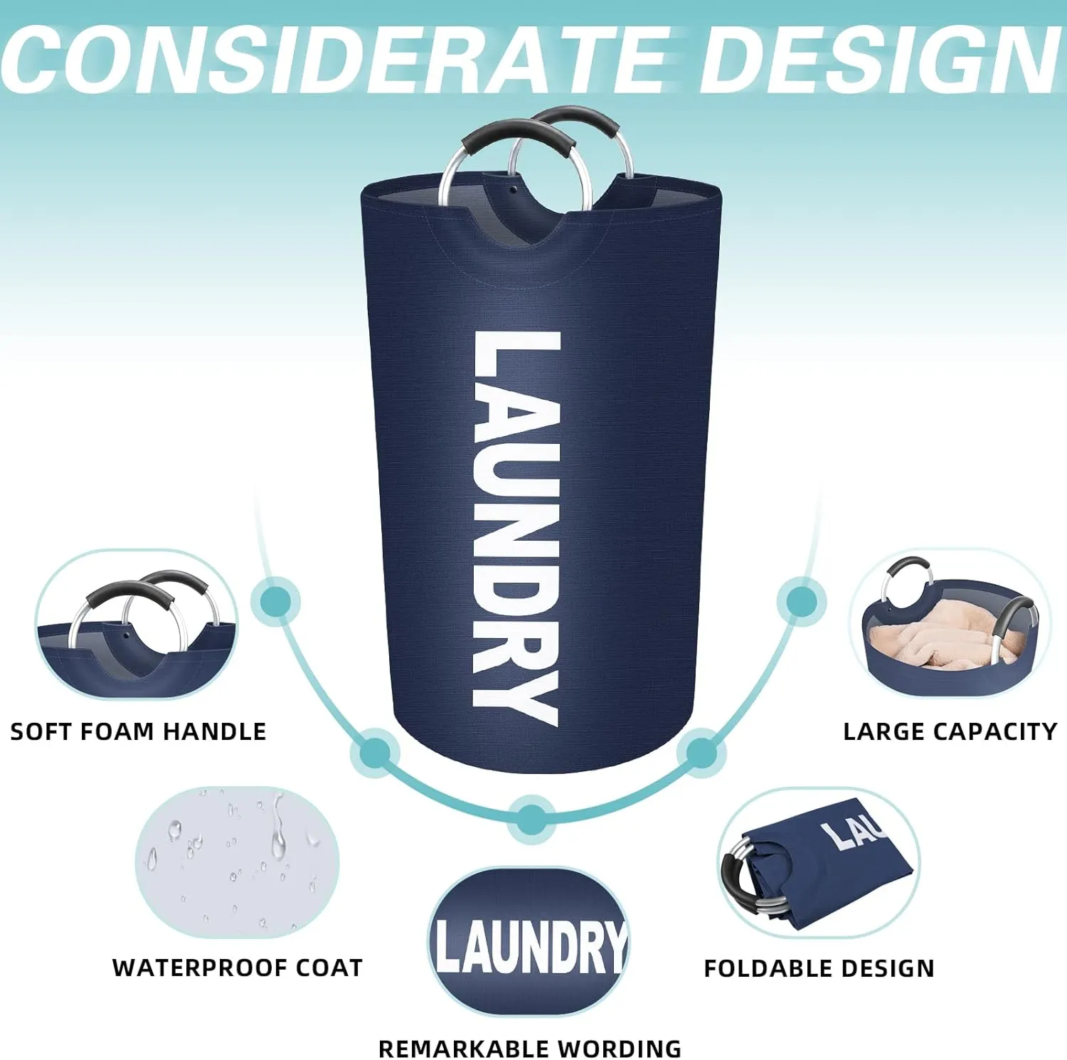 StorageRight 90L Large Laundry Basket, Laundry Hamper, Dirty Clothes Hamper for Laundry, Collapsible, Waterproof Laundry Baskets with Foam Protected Aluminum Handles for Laundry, Dorm, Family (Blue)