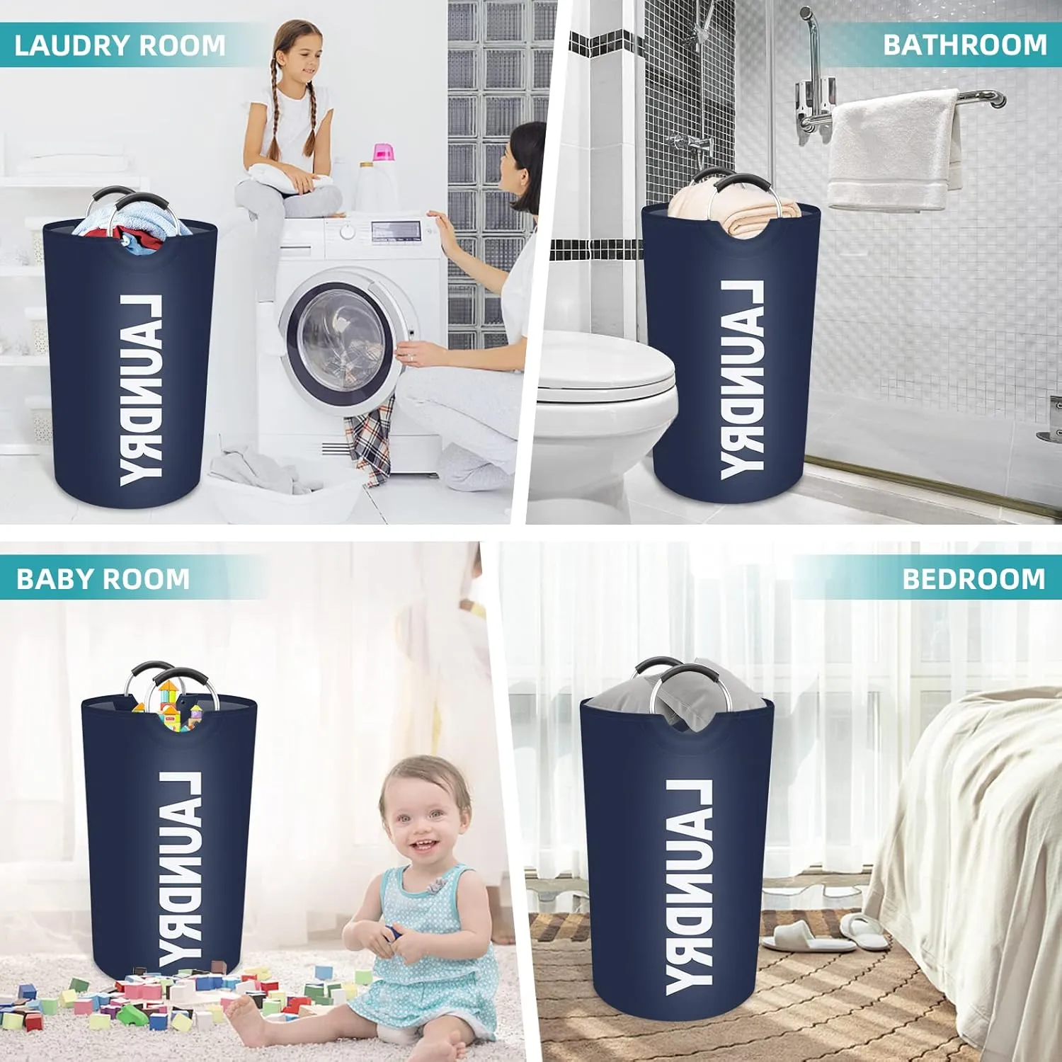 StorageRight 90L Large Laundry Basket, Laundry Hamper, Dirty Clothes Hamper for Laundry, Collapsible, Waterproof Laundry Baskets with Foam Protected Aluminum Handles for Laundry, Dorm, Family (Blue)