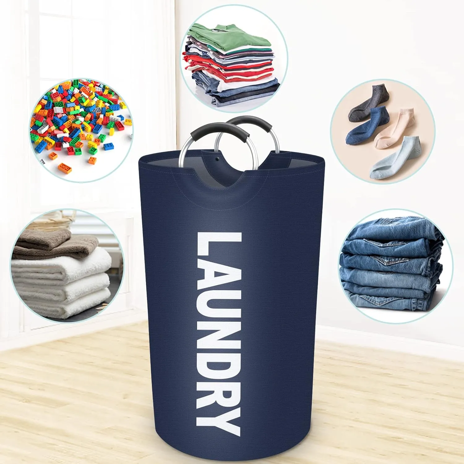 StorageRight 90L Large Laundry Basket, Laundry Hamper, Dirty Clothes Hamper for Laundry, Collapsible, Waterproof Laundry Baskets with Foam Protected Aluminum Handles for Laundry, Dorm, Family (Blue)