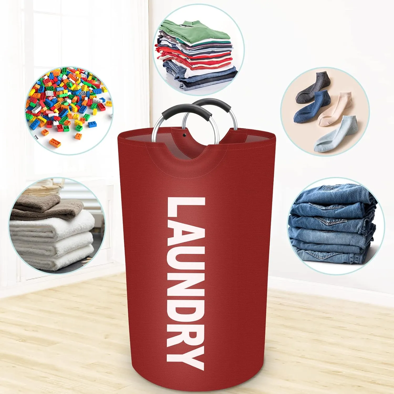 StorageRight 90L Large Laundry Basket, Laundry Hamper, Dirty Clothes Hamper for Laundry, Collapsible, Waterproof Laundry Baskets with Foam Protected Aluminum Handles for Laundry, Dorm, Family (Red)