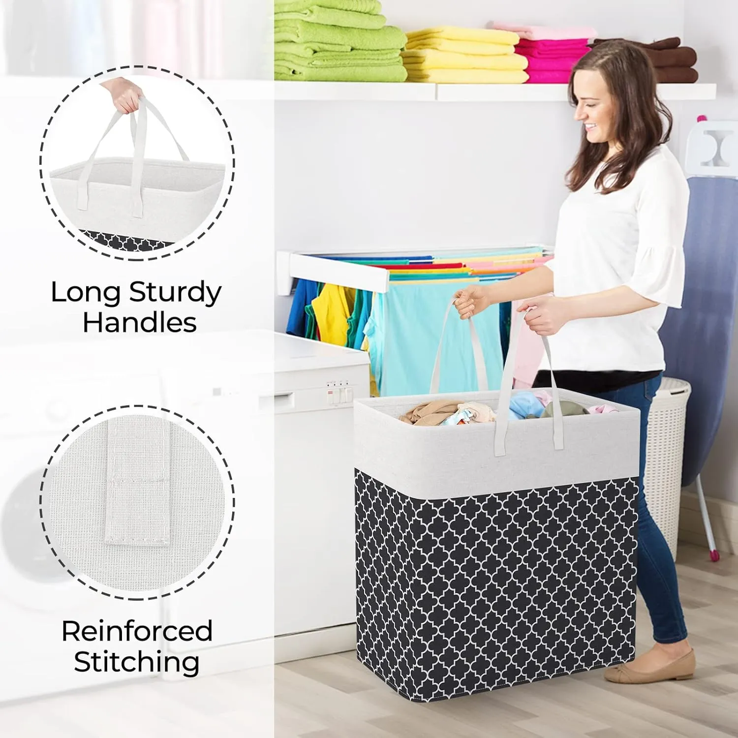 StorageRight Laundry Basket Hamper Large Collapsible Laundry Hamper with Easy Carry Handles，Freestanding Clothes Hampers for Laundry, Bedroom, Dorm, Clothes, Towels, 100L, Clover Black