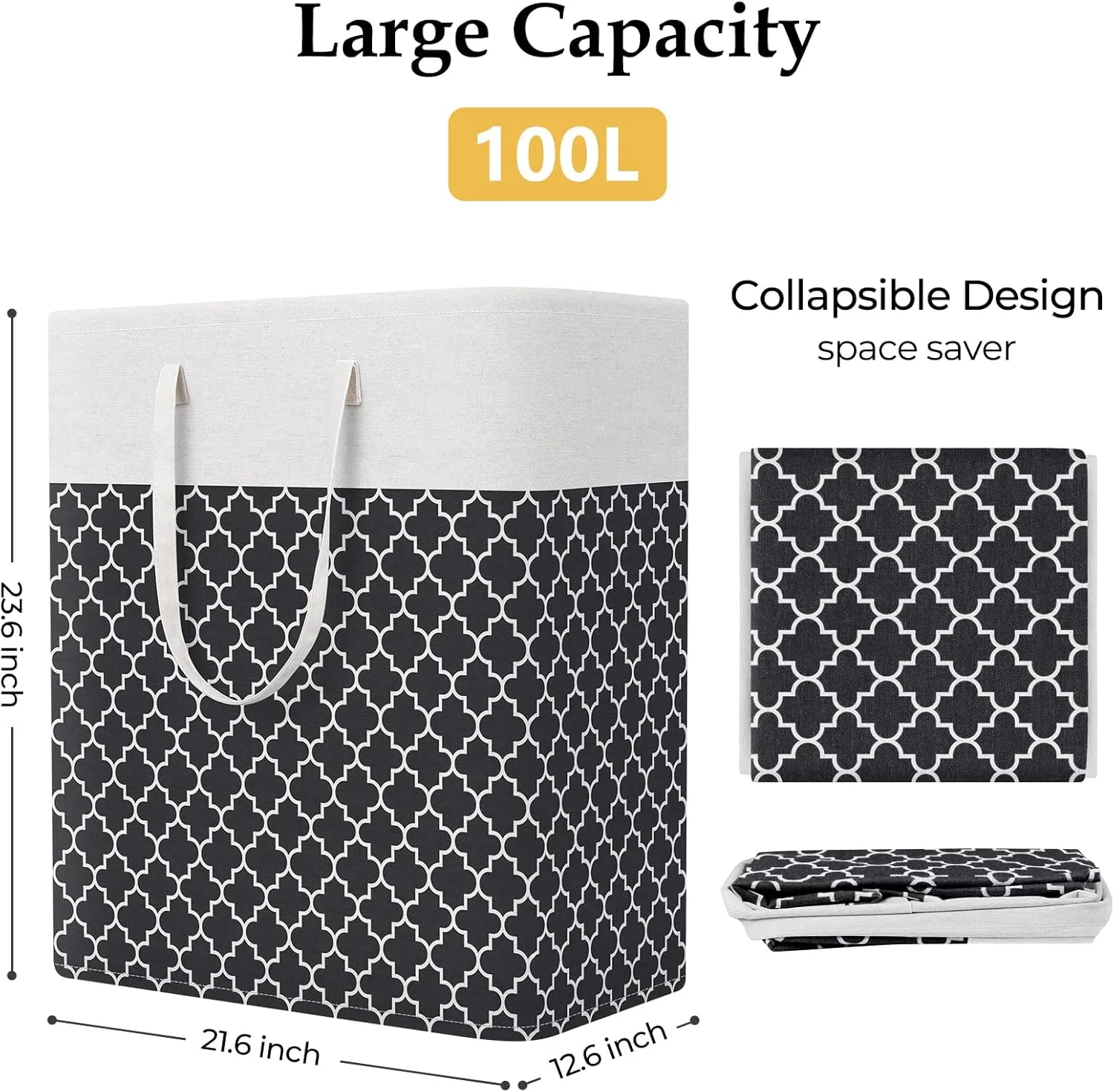 StorageRight Laundry Basket Hamper Large Collapsible Laundry Hamper with Easy Carry Handles，Freestanding Clothes Hampers for Laundry, Bedroom, Dorm, Clothes, Towels, 100L, Clover Black