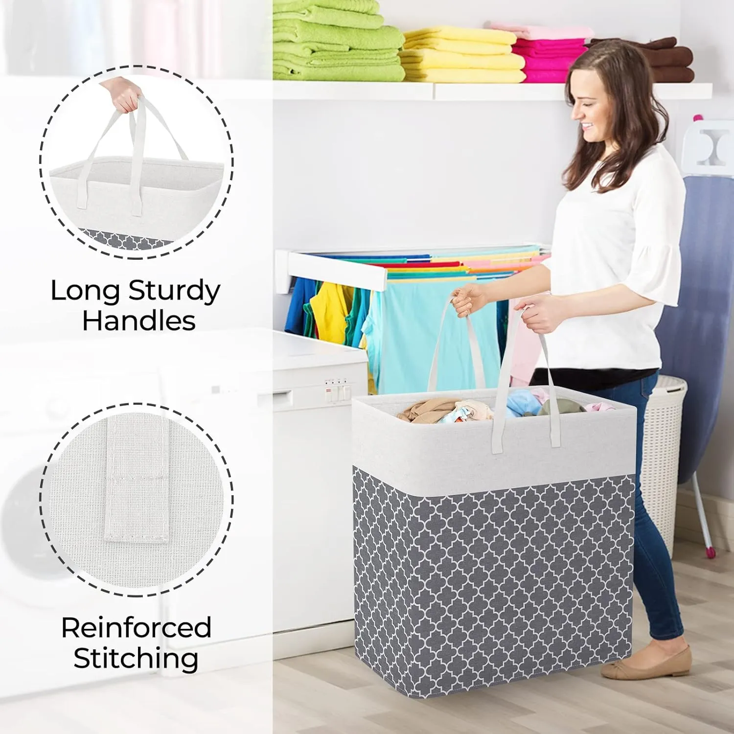 StorageRight Laundry Basket Hamper Large Collapsible Laundry Hamper with Easy Carry Handles，Freestanding Clothes Hampers for Laundry, Bedroom, Dorm, Clothes, Towels, 100L, Clover Grey