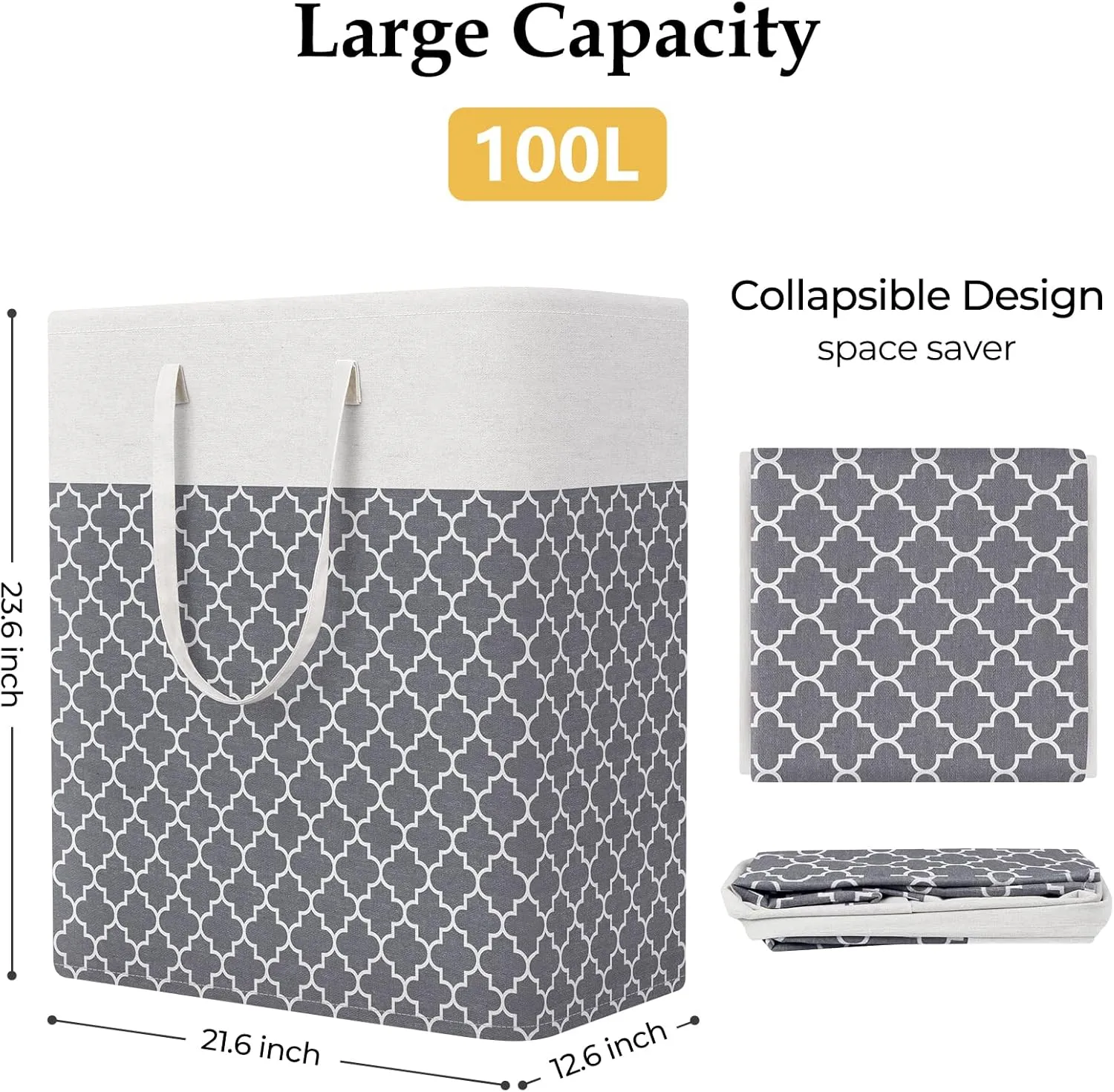 StorageRight Laundry Basket Hamper Large Collapsible Laundry Hamper with Easy Carry Handles，Freestanding Clothes Hampers for Laundry, Bedroom, Dorm, Clothes, Towels, 100L, Clover Grey