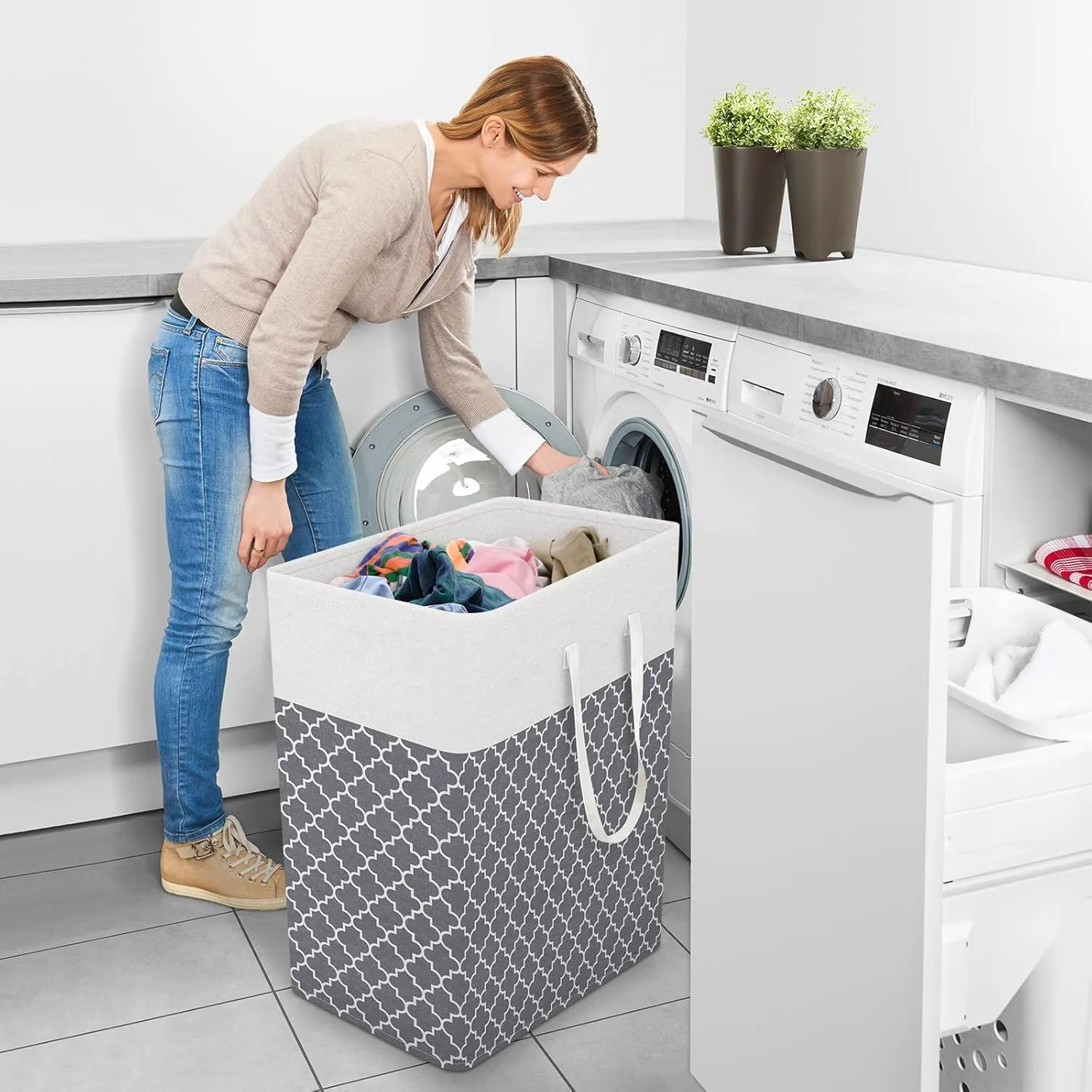 StorageRight Laundry Basket Hamper Large Collapsible Laundry Hamper with Easy Carry Handles，Freestanding Clothes Hampers for Laundry, Bedroom, Dorm, Clothes, Towels, 100L, Clover Grey