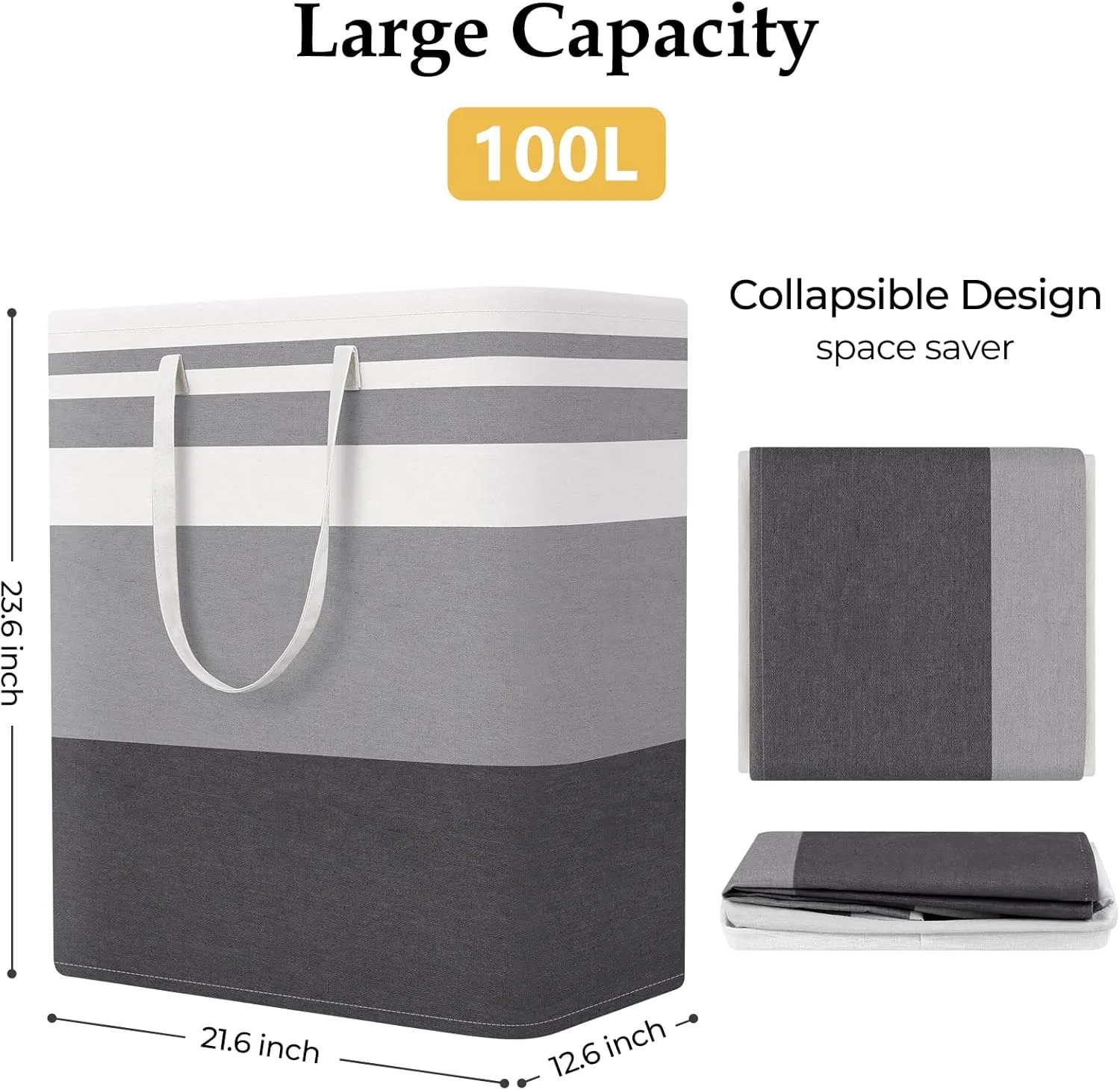 StorageRight Laundry Basket Hamper Large Collapsible Laundry Hamper with Easy Carry Handles，Freestanding Clothes Hampers for Laundry, Bedroom, Dorm, Clothes, Towels, 100L, Gradient Grey