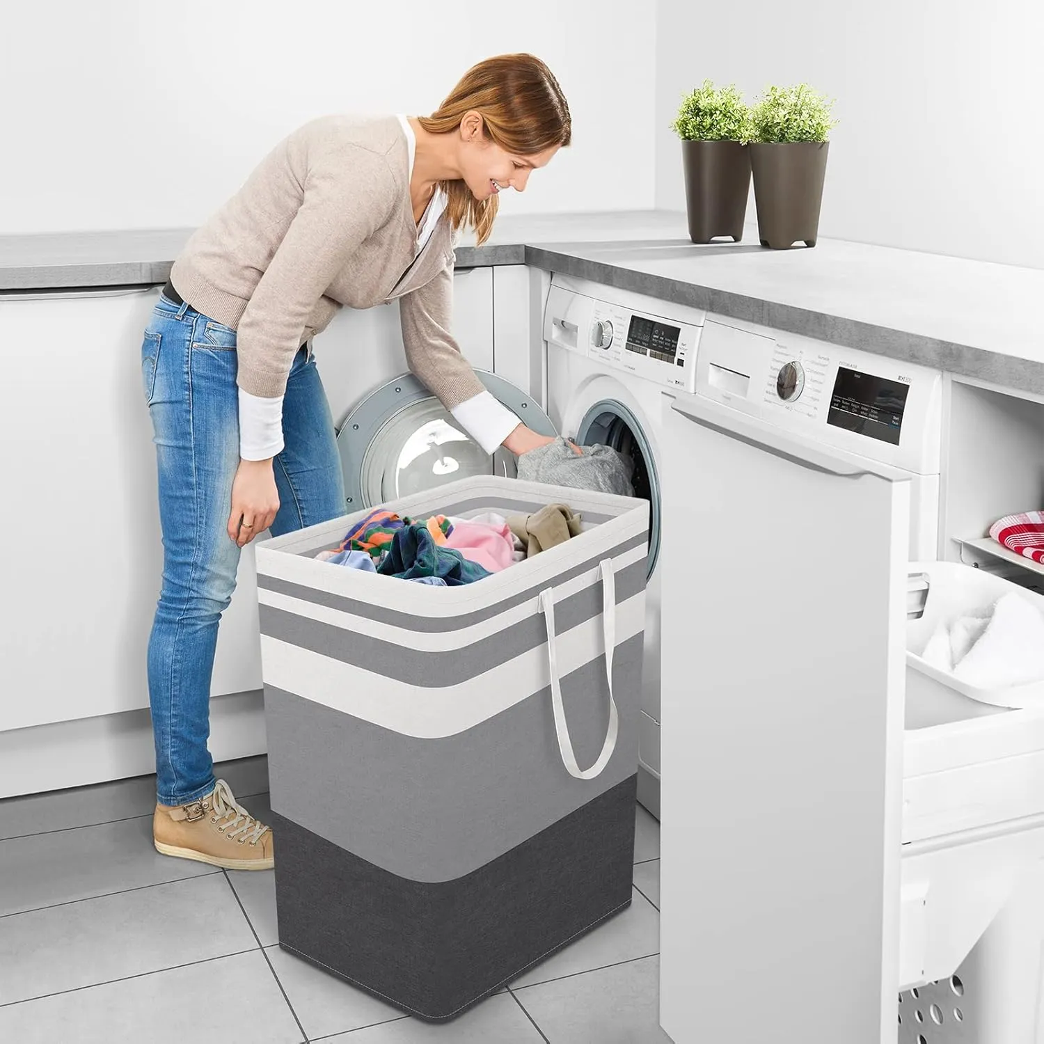 StorageRight Laundry Basket Hamper Large Collapsible Laundry Hamper with Easy Carry Handles，Freestanding Clothes Hampers for Laundry, Bedroom, Dorm, Clothes, Towels, 100L, Gradient Grey