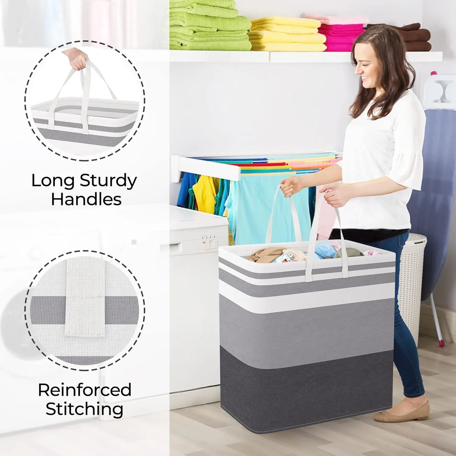 StorageRight Laundry Basket Hamper Large Collapsible Laundry Hamper with Easy Carry Handles，Freestanding Clothes Hampers for Laundry, Bedroom, Dorm, Clothes, Towels, 100L, Gradient Grey