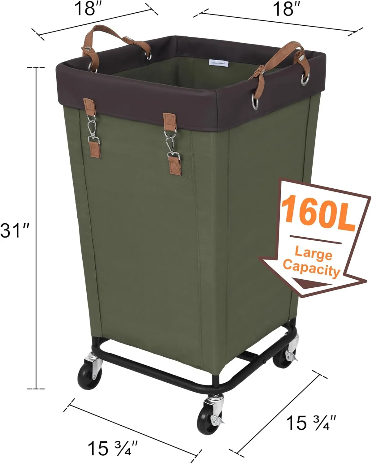 StorageWorks 160L Laundry Basket with Wheels, Large Rolling Hampers for Clothing Organizer, Dirty Clothes Basket for Hotel, Home, Closet, Dorm, Green
