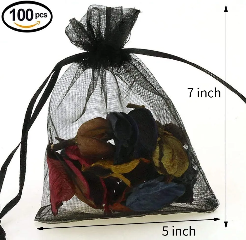 Stratalife 5X7 Organza Bags with Drawstring Black Mesh Bags Small Bags for Wedding Party Favor Bags Jewelry Storage Bags 100PCS (Black 5x7)