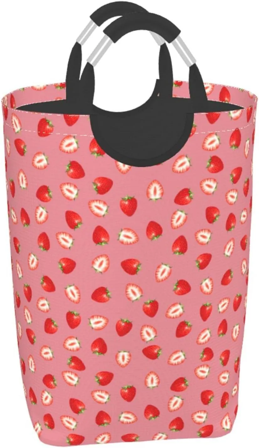 Strawberry Laundry Basket - Cute Pink Fruits Hamper With Handle, Collapsible Bag for Dirty Clothes, 50L Storage for Dorm, Family, Bathroom Decor