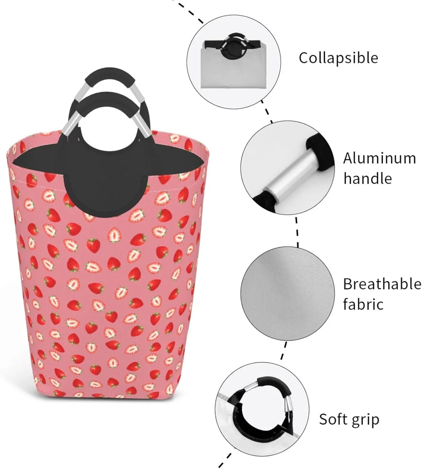 Strawberry Laundry Basket - Cute Pink Fruits Hamper With Handle, Collapsible Bag for Dirty Clothes, 50L Storage for Dorm, Family, Bathroom Decor