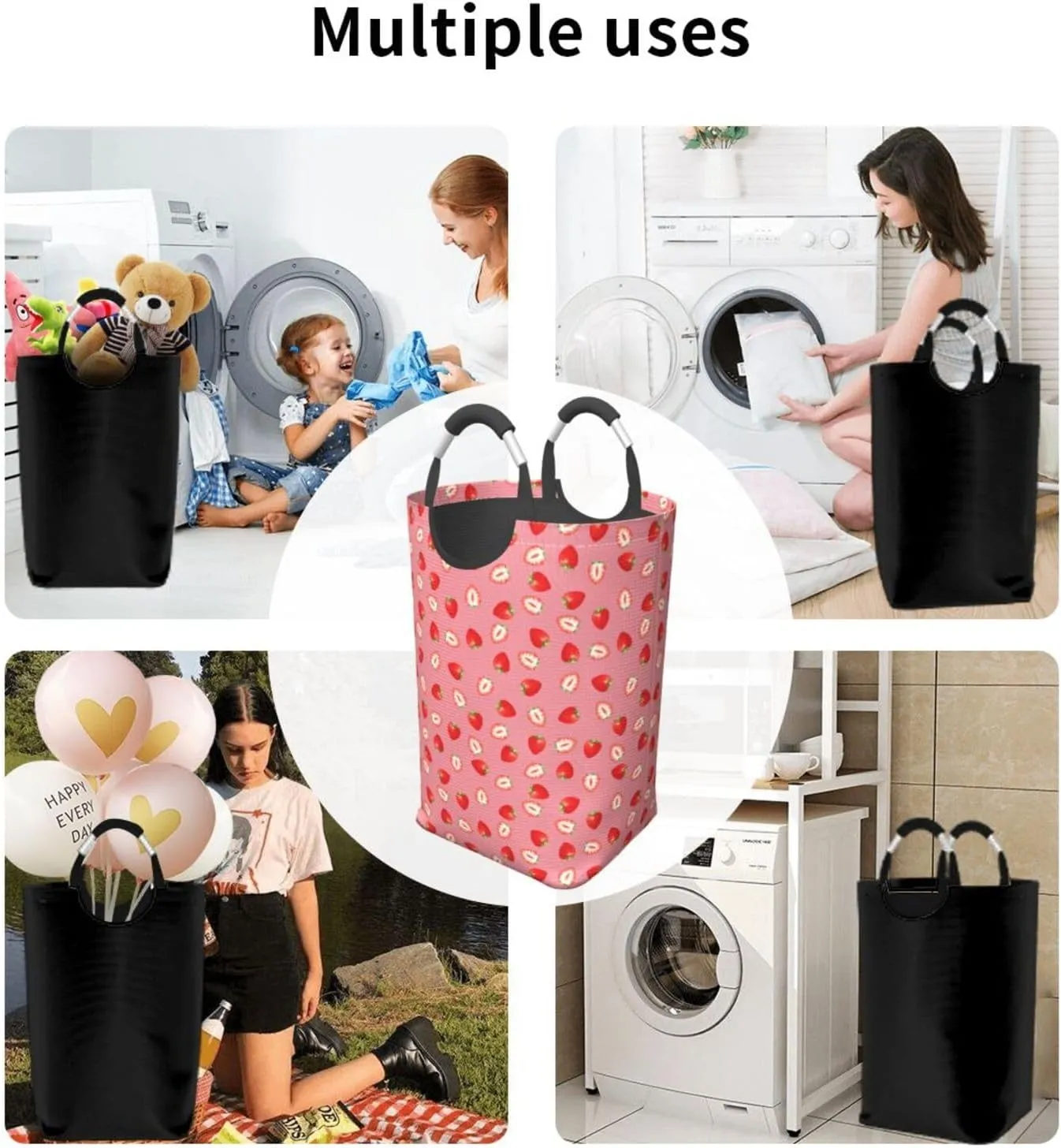 Strawberry Laundry Basket - Cute Pink Fruits Hamper With Handle, Collapsible Bag for Dirty Clothes, 50L Storage for Dorm, Family, Bathroom Decor