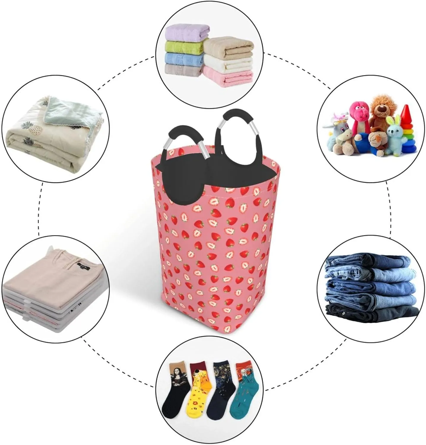 Strawberry Laundry Basket - Cute Pink Fruits Hamper With Handle, Collapsible Bag for Dirty Clothes, 50L Storage for Dorm, Family, Bathroom Decor