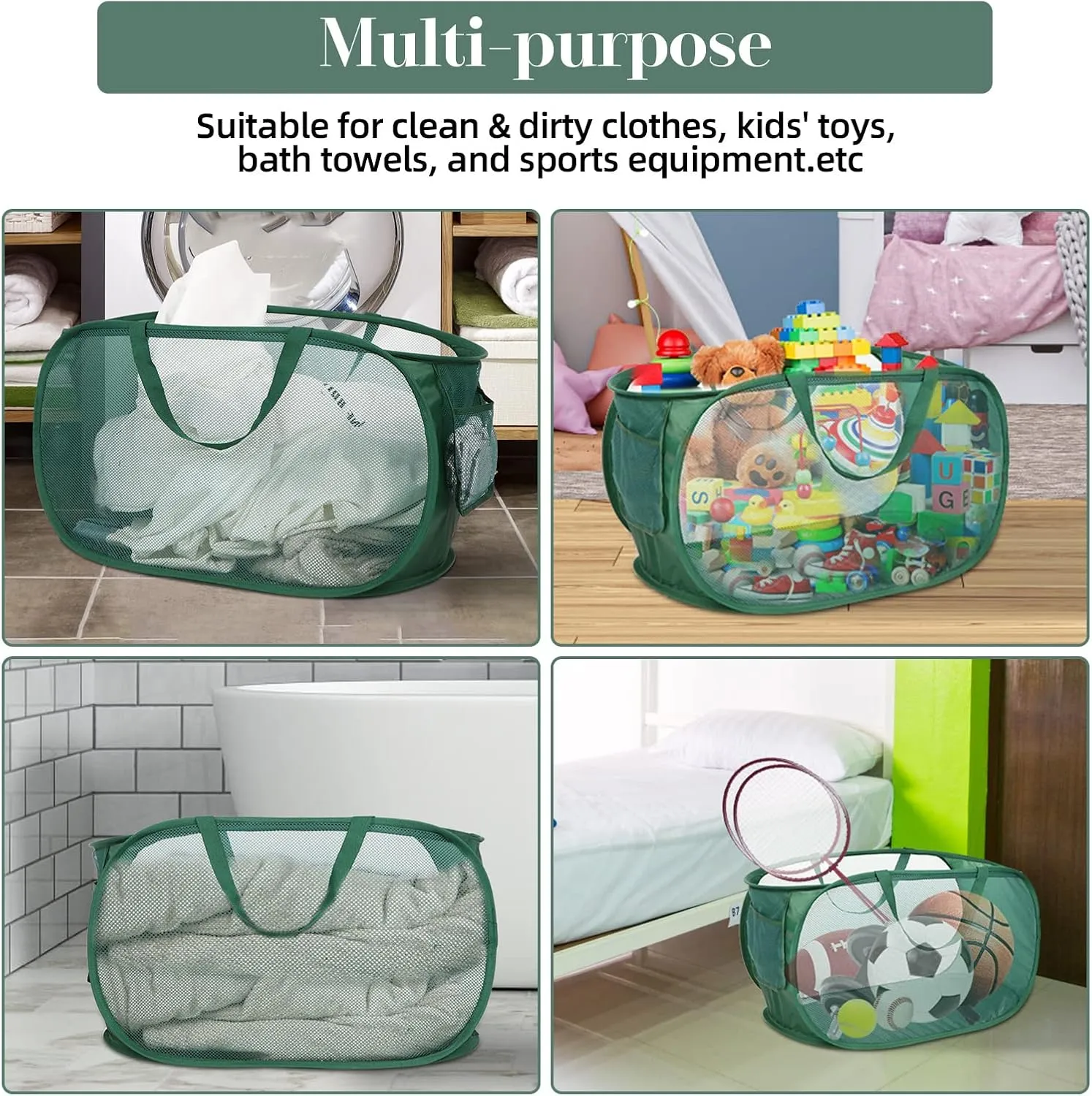 Sturdy Mesh Pop Up Laundry Hamper, Collapsible Laundry Baskets with Side Pocket, Foldable Clothes Hamper with Reinforced Carry Handles for Laundry, Bathroom, Kids Room, Dorm or Travel 2 Pack Emerald
