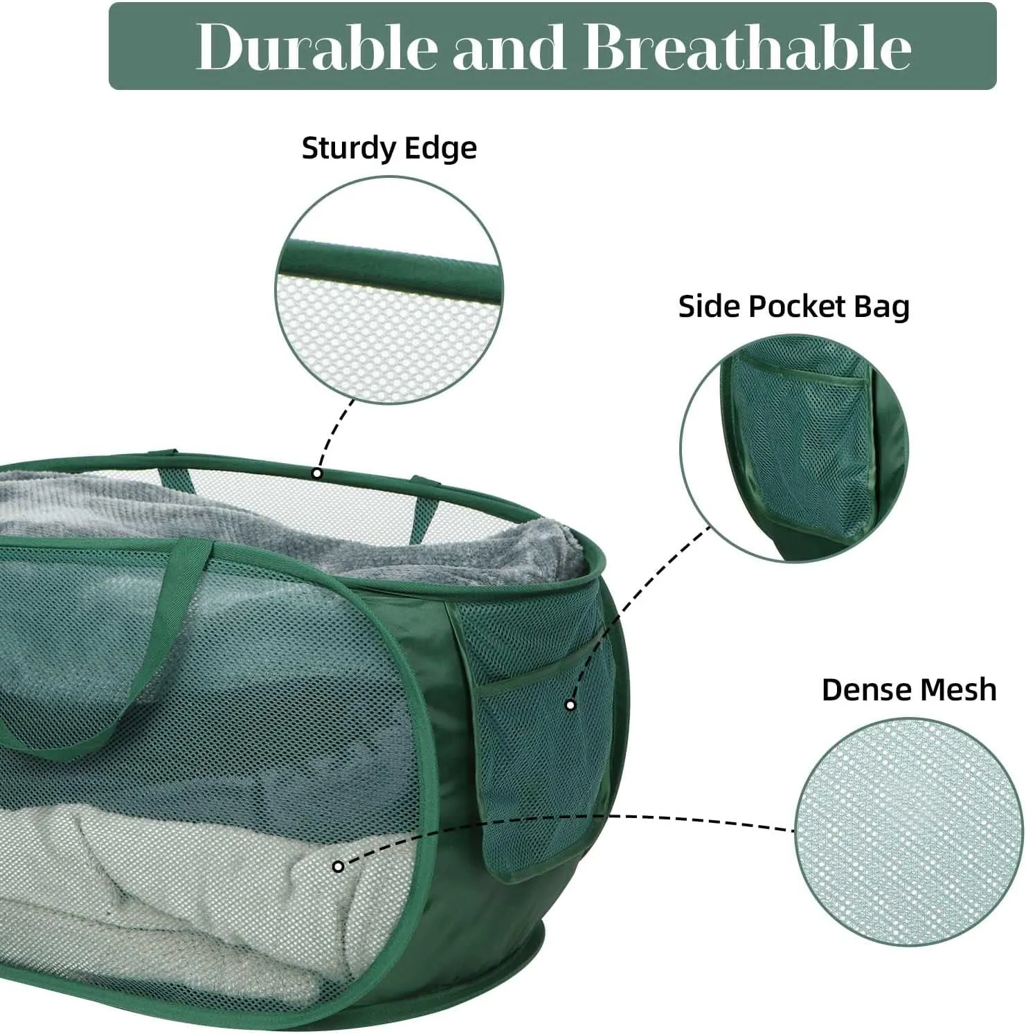 Sturdy Mesh Pop Up Laundry Hamper, Collapsible Laundry Baskets with Side Pocket, Foldable Clothes Hamper with Reinforced Carry Handles for Laundry, Bathroom, Kids Room, Dorm or Travel 2 Pack Emerald