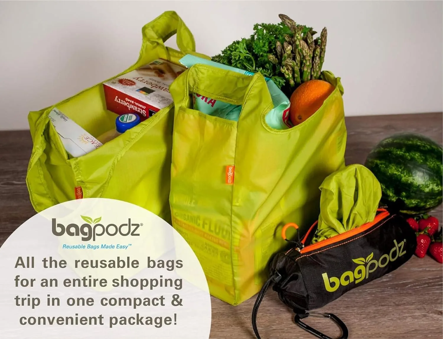 Sturdy Reusable Grocery Bags Foldable and Washable - Made From RipStop Nylon Hold 50lbs - Designed in USA Reusable Shopping Bags Inside a Compact Pod with Carry Clip - 5 Pack in Green