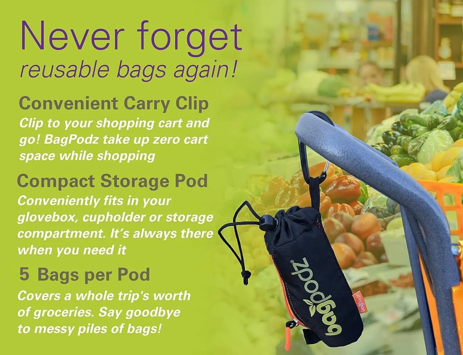 Sturdy Reusable Grocery Bags Foldable and Washable - Made From RipStop Nylon Hold 50lbs - Designed in USA Reusable Shopping Bags Inside a Compact Pod with Carry Clip - 5 Pack in Green