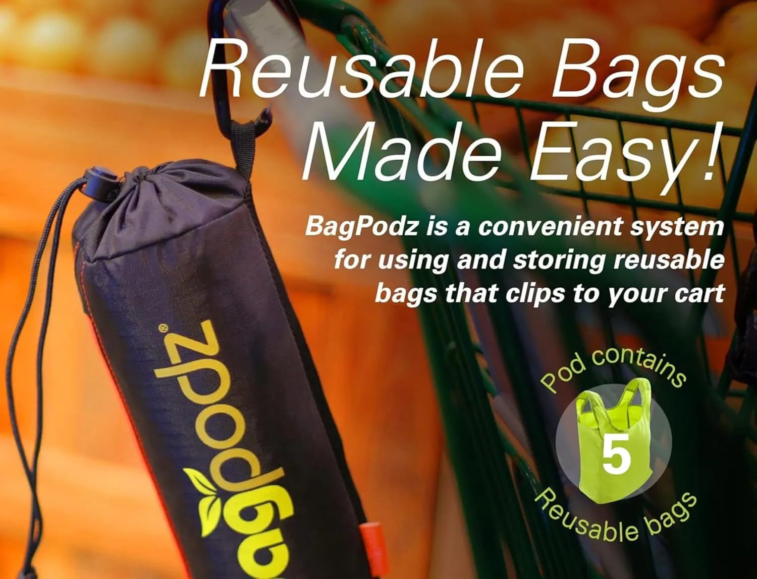 Sturdy Reusable Grocery Bags Foldable and Washable - Made From RipStop Nylon Hold 50lbs - Designed in USA Reusable Shopping Bags Inside a Compact Pod with Carry Clip - 5 Pack in Green