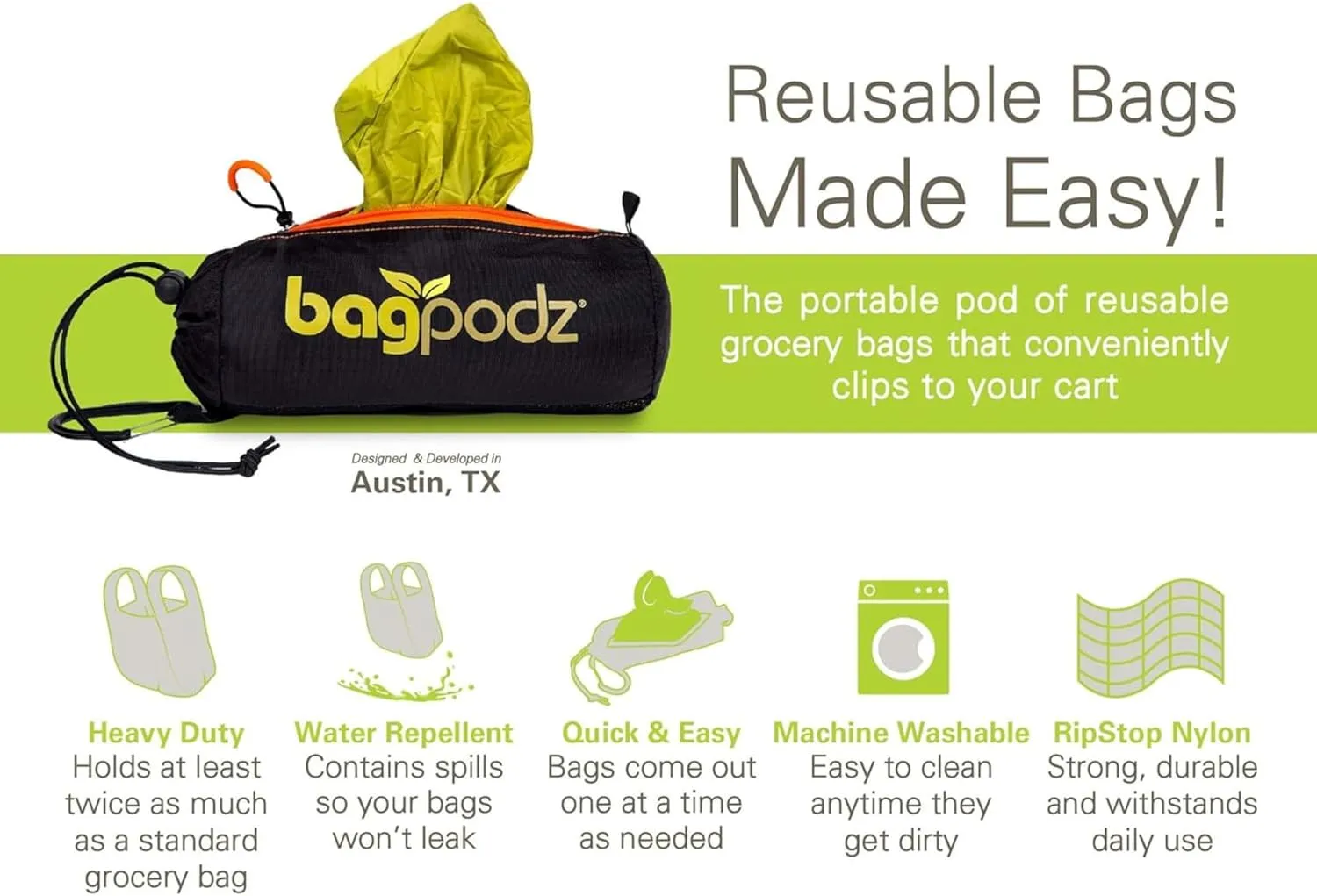 Sturdy Reusable Grocery Bags Foldable and Washable - Made From RipStop Nylon Hold 50lbs - Designed in USA Reusable Shopping Bags Inside a Compact Pod with Carry Clip - 5 Pack in Green