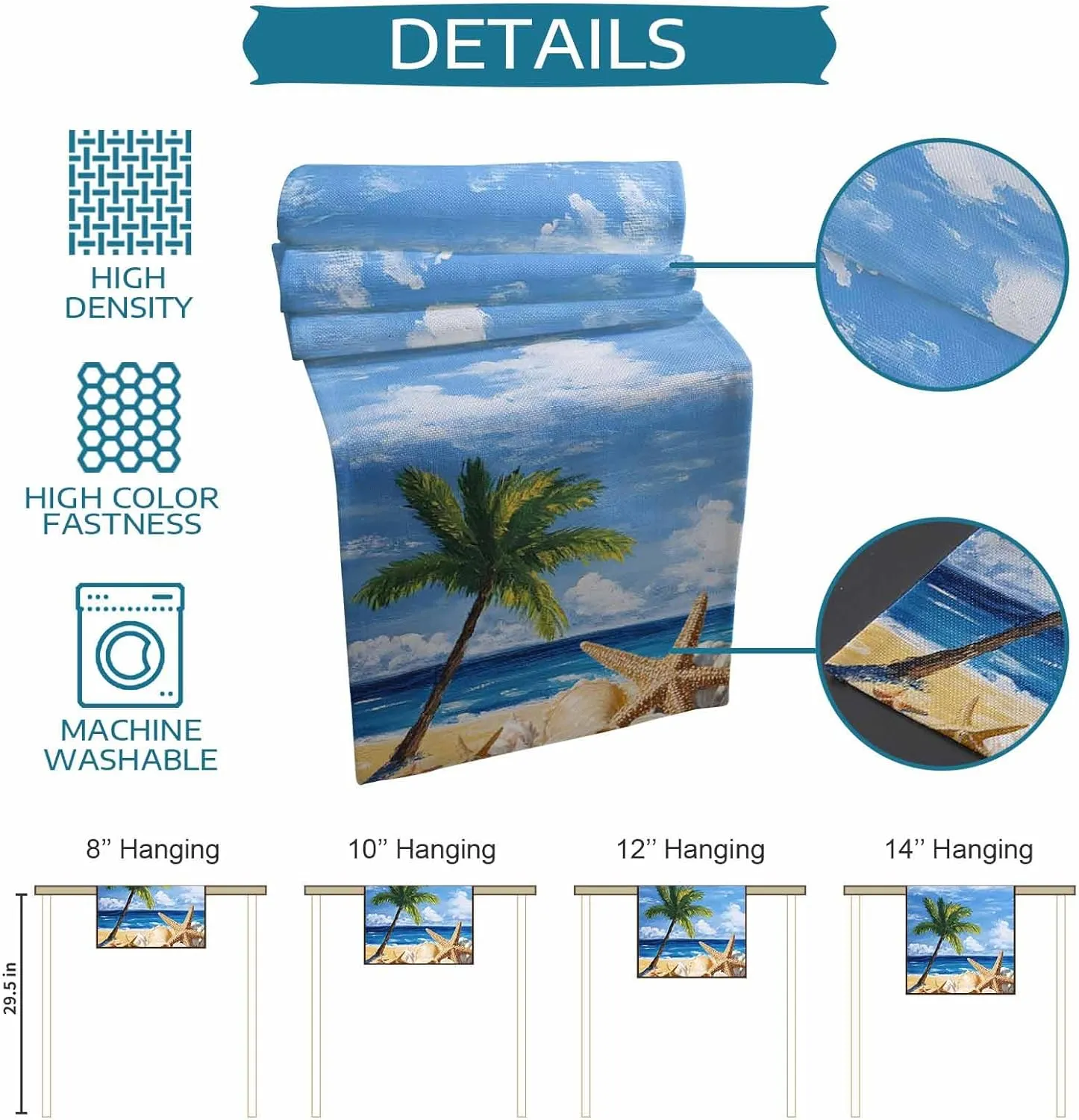 Summer Seaside Starfish Coconut Tree Table Runner 70 Inches Long,Kitchen Dining Home Tablerunners Coastal Ocean Landscape Linen Table Runners Dresser Scarves for Home Dinner Wedding Party Decor