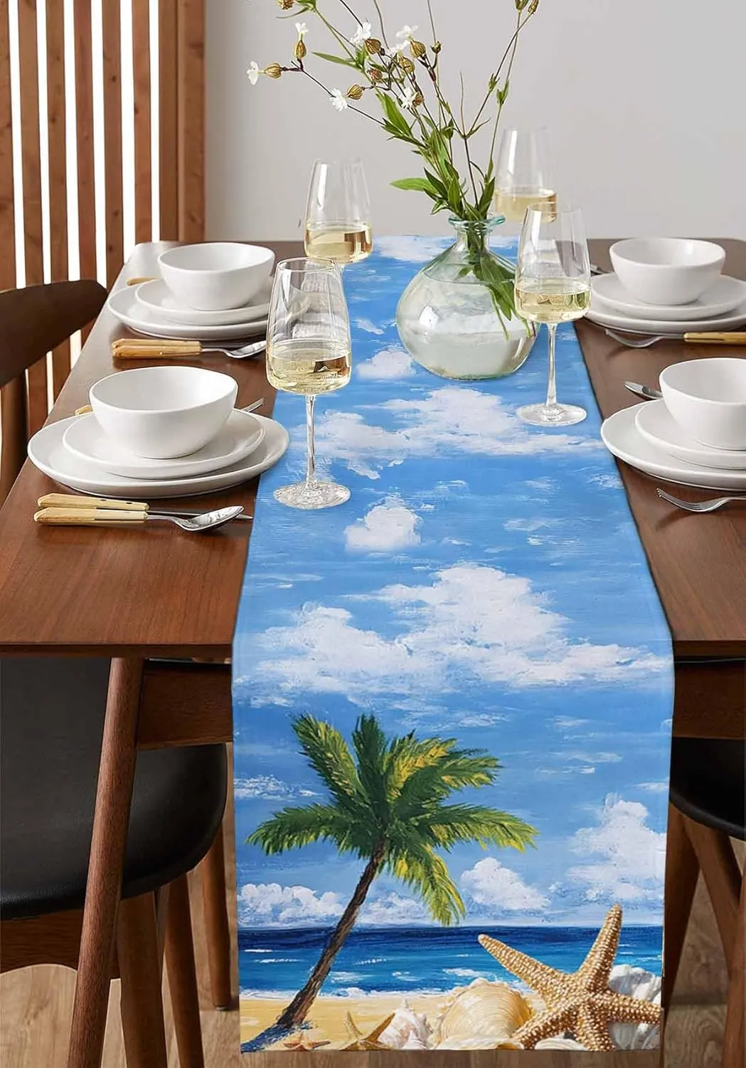 Summer Seaside Starfish Coconut Tree Table Runner 70 Inches Long,Kitchen Dining Home Tablerunners Coastal Ocean Landscape Linen Table Runners Dresser Scarves for Home Dinner Wedding Party Decor