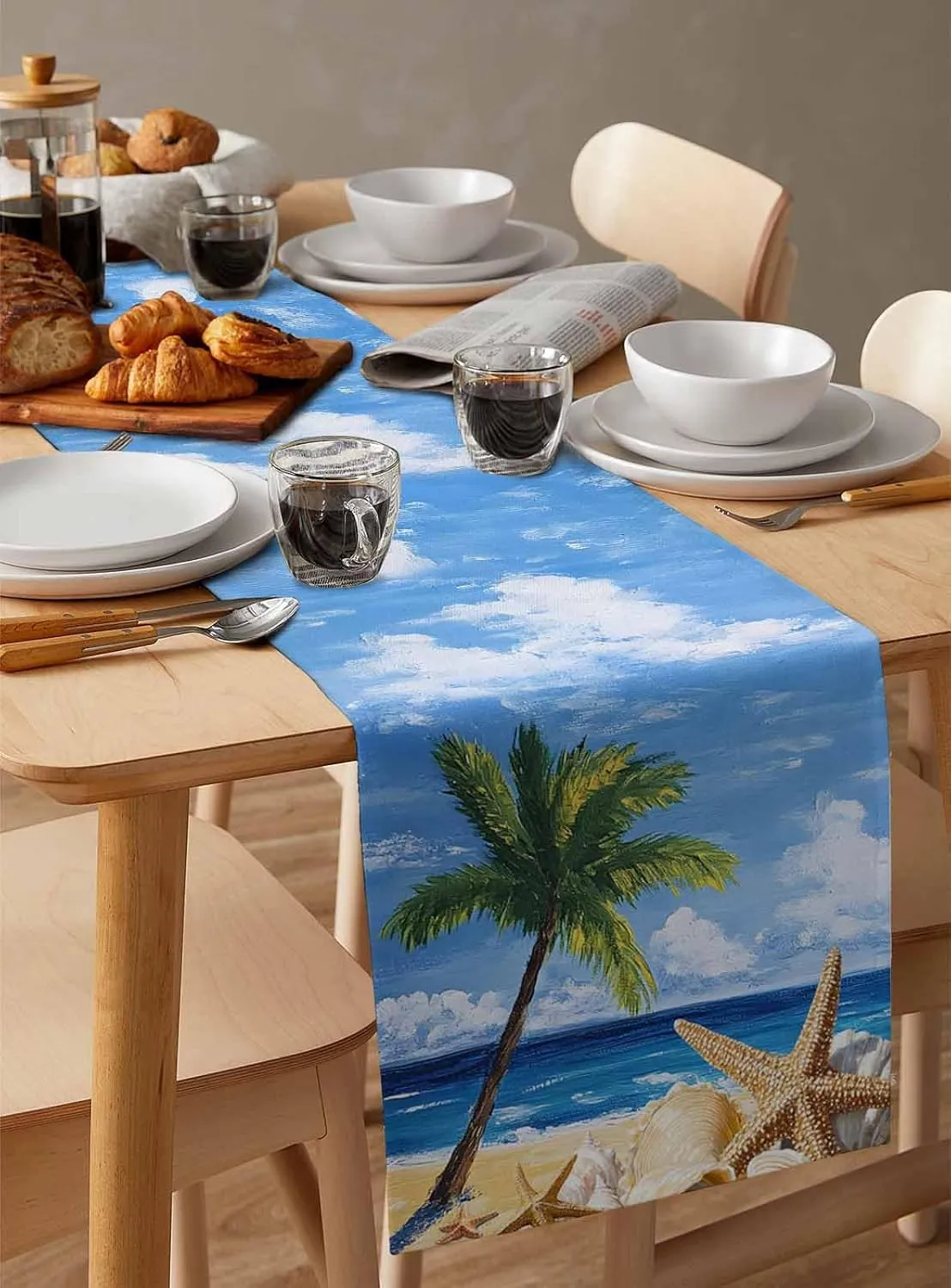 Summer Seaside Starfish Coconut Tree Table Runner 70 Inches Long,Kitchen Dining Home Tablerunners Coastal Ocean Landscape Linen Table Runners Dresser Scarves for Home Dinner Wedding Party Decor
