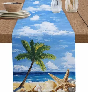 Summer Seaside Starfish Coconut Tree Table Runner 70 Inches Long,Kitchen Dining Home Tablerunners Coastal Ocean Landscape Linen Table Runners Dresser Scarves for Home Dinner Wedding Party Decor