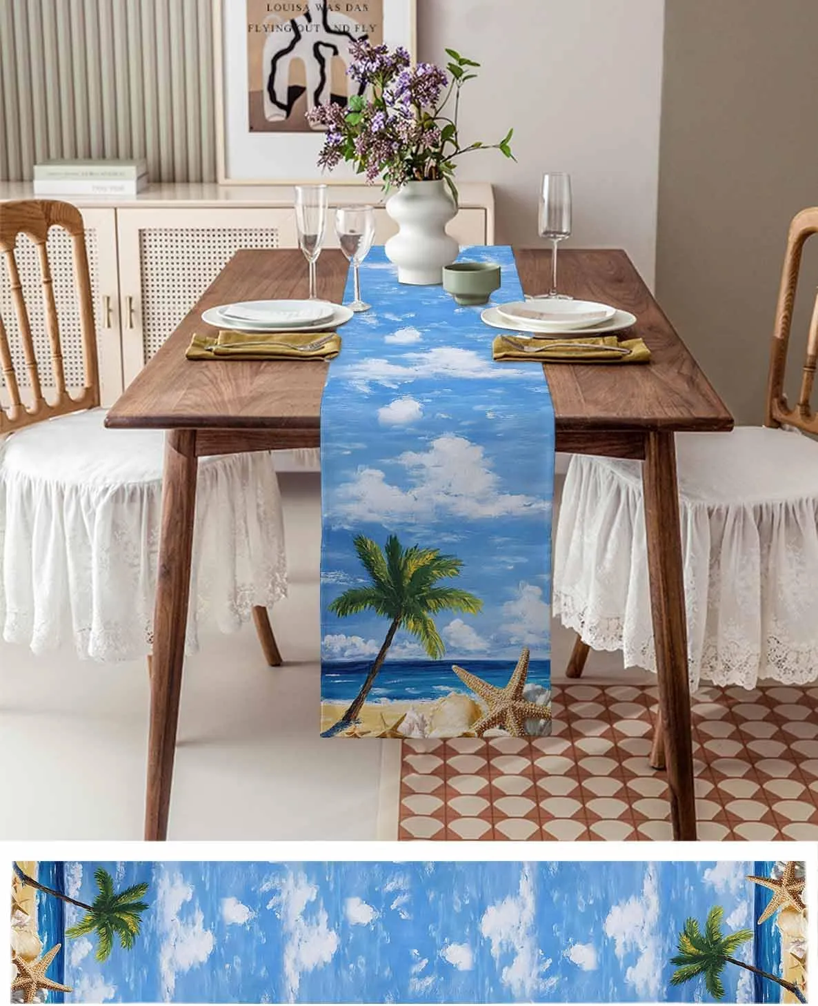 Summer Seaside Starfish Coconut Tree Table Runner 70 Inches Long,Kitchen Dining Home Tablerunners Coastal Ocean Landscape Linen Table Runners Dresser Scarves for Home Dinner Wedding Party Decor