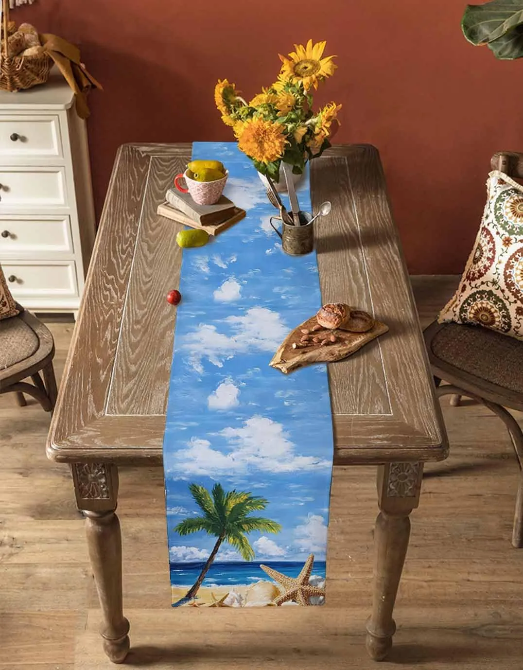 Summer Seaside Starfish Coconut Tree Table Runner 70 Inches Long,Kitchen Dining Home Tablerunners Coastal Ocean Landscape Linen Table Runners Dresser Scarves for Home Dinner Wedding Party Decor