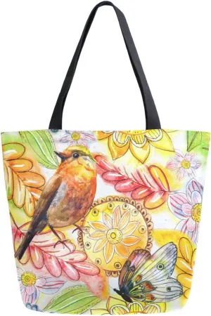 Sunflower Birds Butterflies Canvas Tote Bag Watercolor Wheat Fall Floral Women Shoulder Bag Reusable Grocery Bags Large Handbag Travel Shopping Bag for School Nursing Gift Outdoors