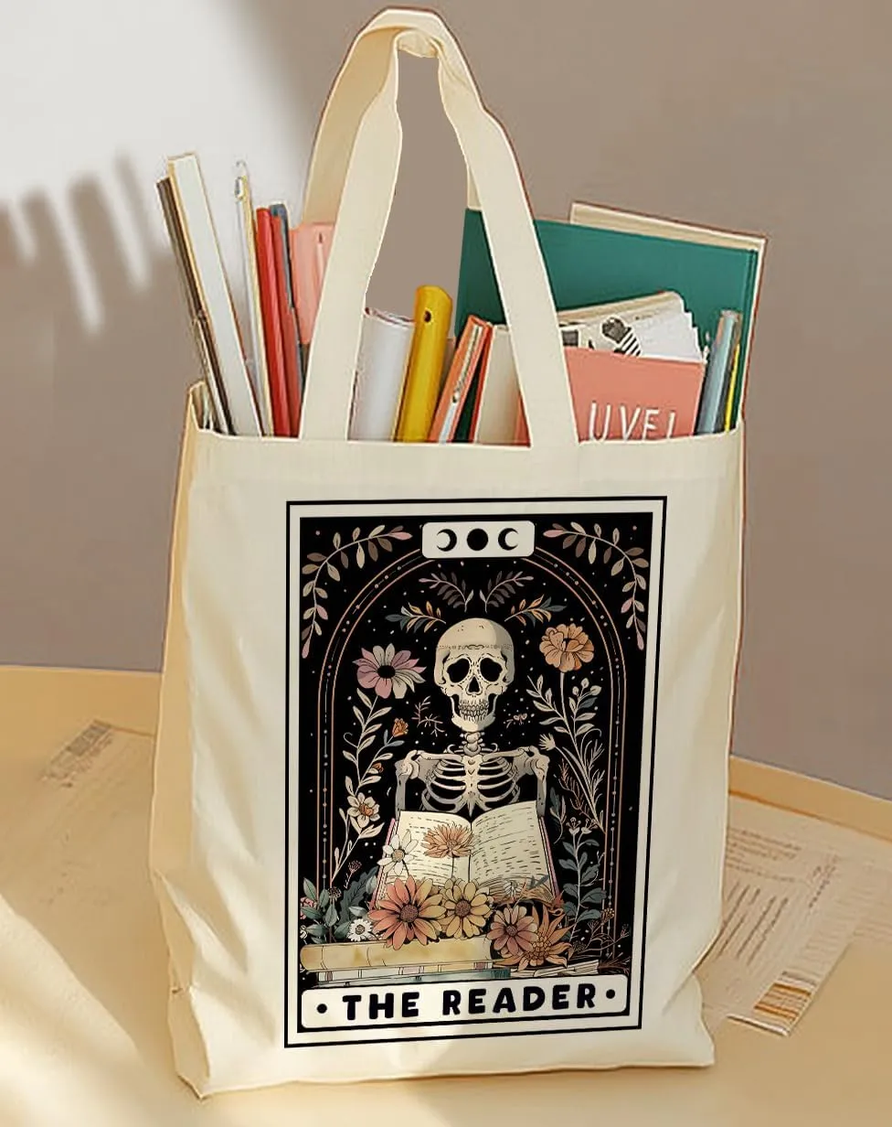 SUNFYCN The Lovers Skeleton Couple Canvas Tote Bag, Book Lovers Librarian Gifts for Women Reusable Grocery Shopping Bag
