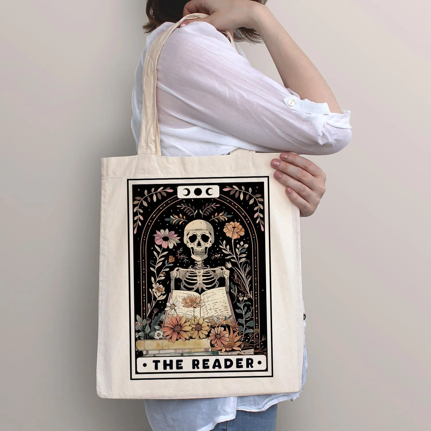 SUNFYCN The Lovers Skeleton Couple Canvas Tote Bag, Book Lovers Librarian Gifts for Women Reusable Grocery Shopping Bag