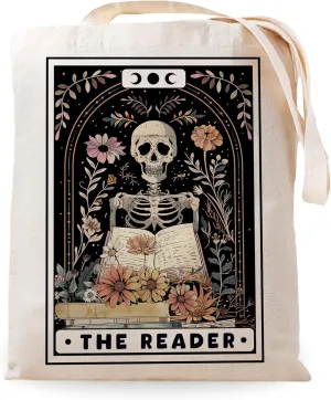 SUNFYCN The Lovers Skeleton Couple Canvas Tote Bag, Book Lovers Librarian Gifts for Women Reusable Grocery Shopping Bag