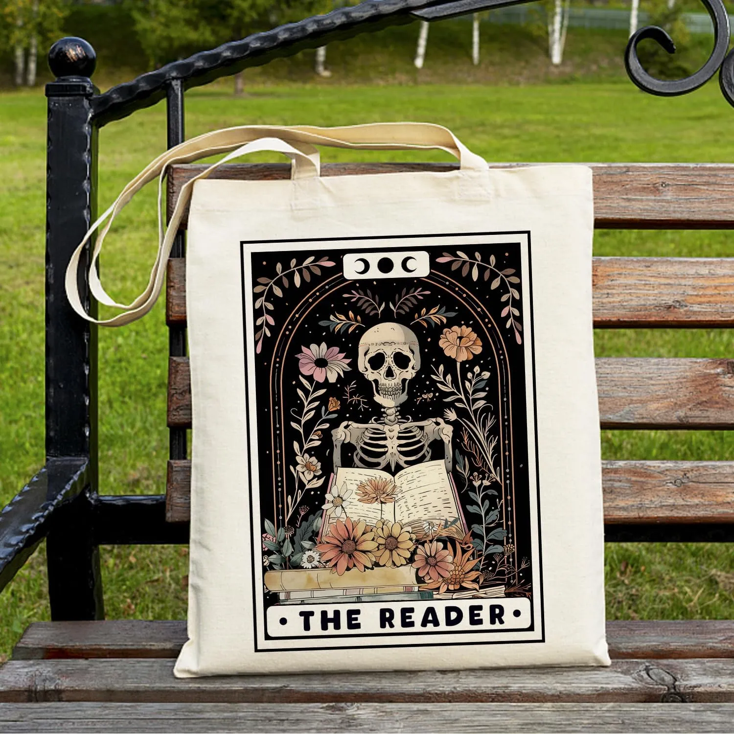 SUNFYCN The Lovers Skeleton Couple Canvas Tote Bag, Book Lovers Librarian Gifts for Women Reusable Grocery Shopping Bag