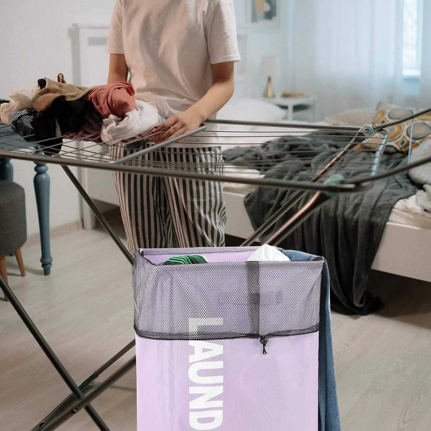 Surblue Slim Laundry Basket with Wheels Collapsible Laundry Hamper with Handle Home Corner Storage Bins Foldable Waterproof Rolling Dirty Clothes Hamper, Purple, XL