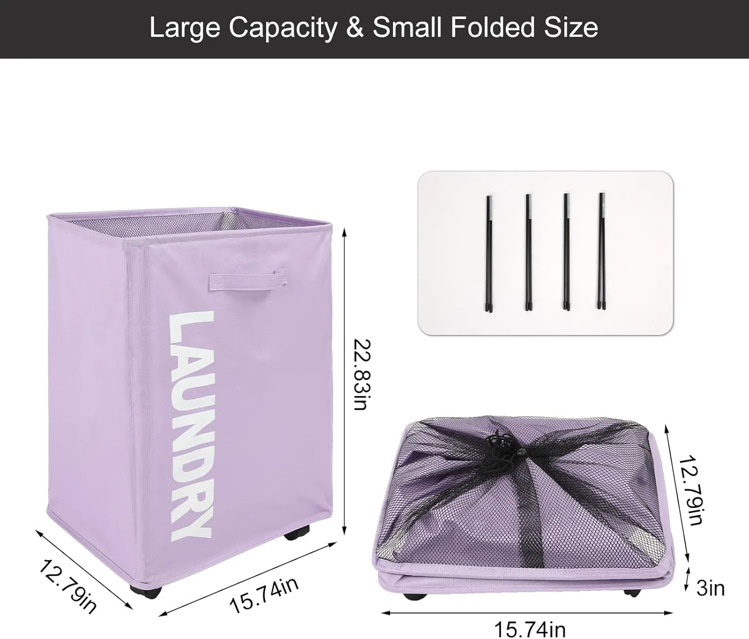 Surblue Slim Laundry Basket with Wheels Collapsible Laundry Hamper with Handle Home Corner Storage Bins Foldable Waterproof Rolling Dirty Clothes Hamper, Purple, XL