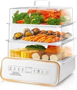 SUSTEAS Food Steamer for Cooking - 17QT Vegetable Steamer with 24H Booking & 60Min Timer, Electric Steamer with Digital Display and 3 Tier Stackable Trays, Auto Shut-Off & Boil Dry Protection