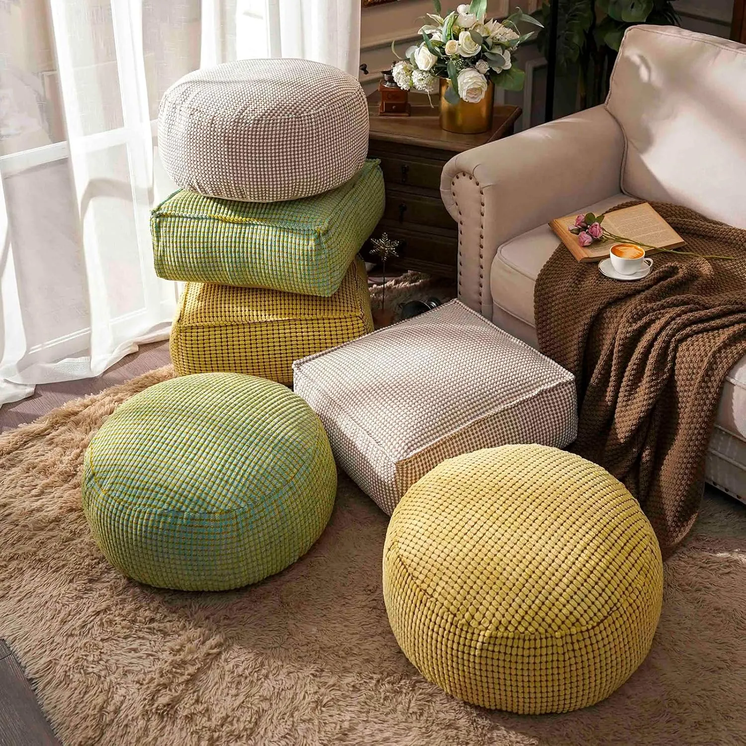 SUTAVIA Pouf Ottoman Cover Unstuffed Pouf Seat Decorative Soft Storage Bean Bag 20x20x8 Inches Square Floor Footrest for Living Room Bedroom (Blue Green, Square)