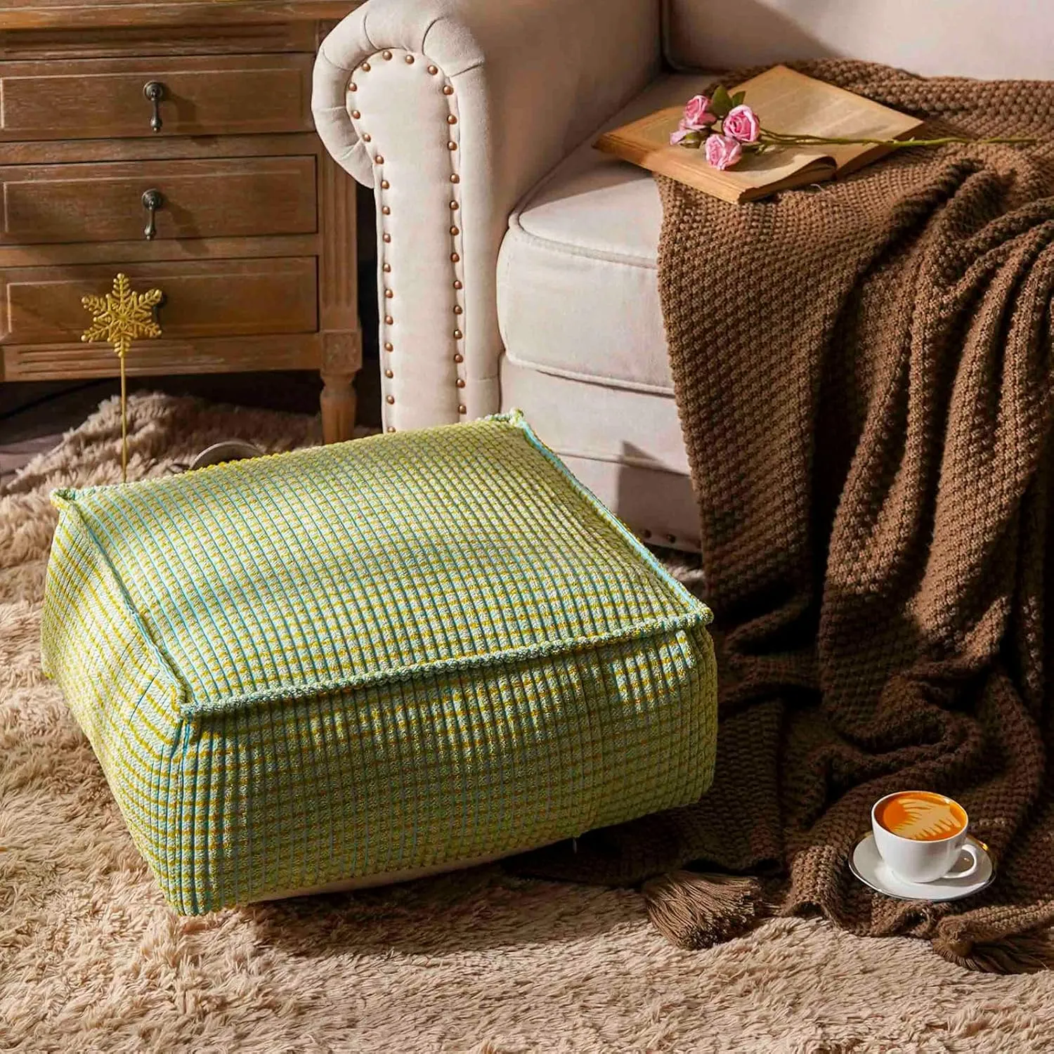 SUTAVIA Pouf Ottoman Cover Unstuffed Pouf Seat Decorative Soft Storage Bean Bag 20x20x8 Inches Square Floor Footrest for Living Room Bedroom (Blue Green, Square)