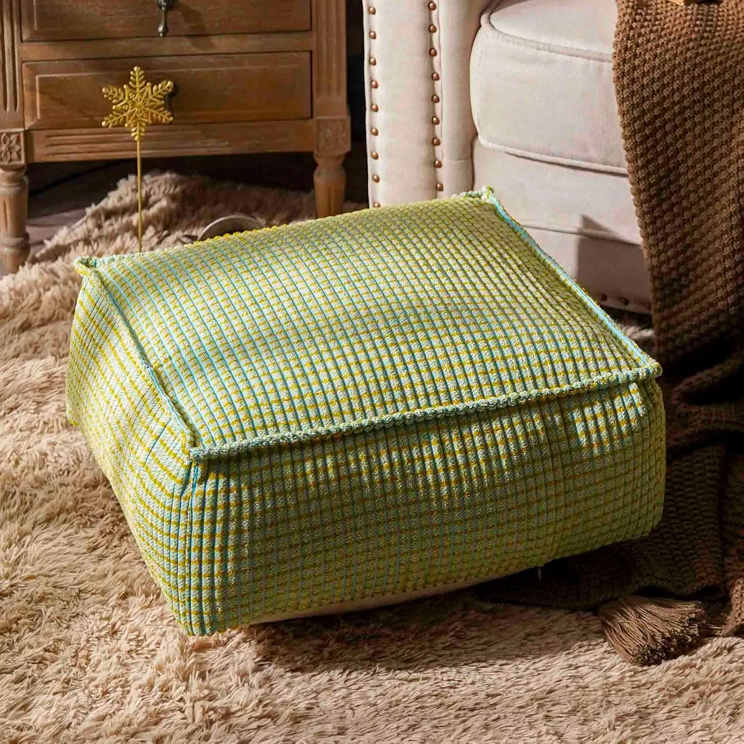 SUTAVIA Pouf Ottoman Cover Unstuffed Pouf Seat Decorative Soft Storage Bean Bag 20x20x8 Inches Square Floor Footrest for Living Room Bedroom (Blue Green, Square)