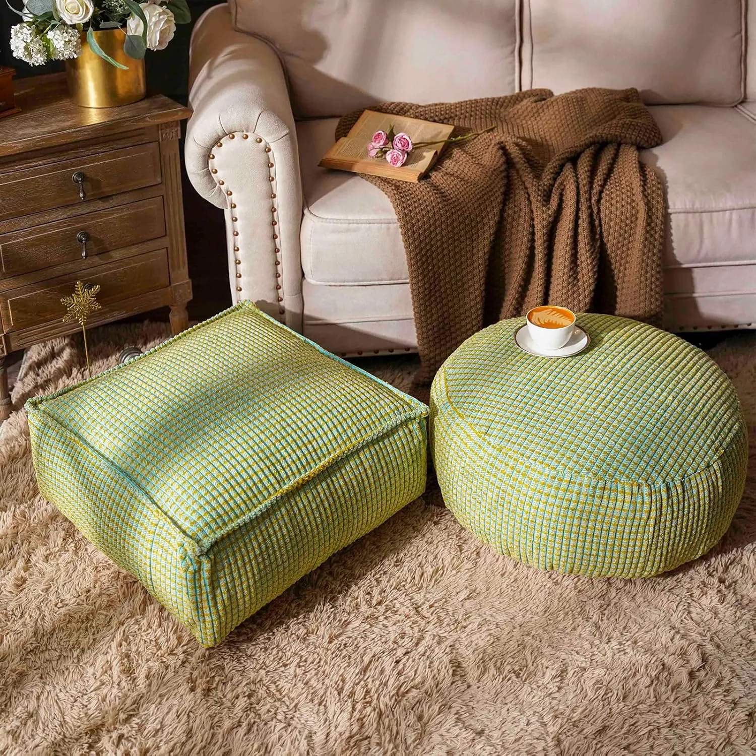 SUTAVIA Pouf Ottoman Cover Unstuffed Pouf Seat Decorative Soft Storage Bean Bag 20x20x8 Inches Square Floor Footrest for Living Room Bedroom (Blue Green, Square)